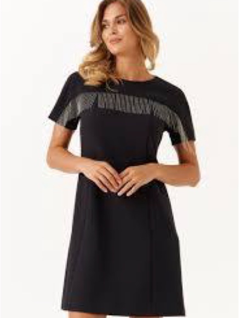 Black Short Sleeve Mini Dress with Metallic Fringe b169s